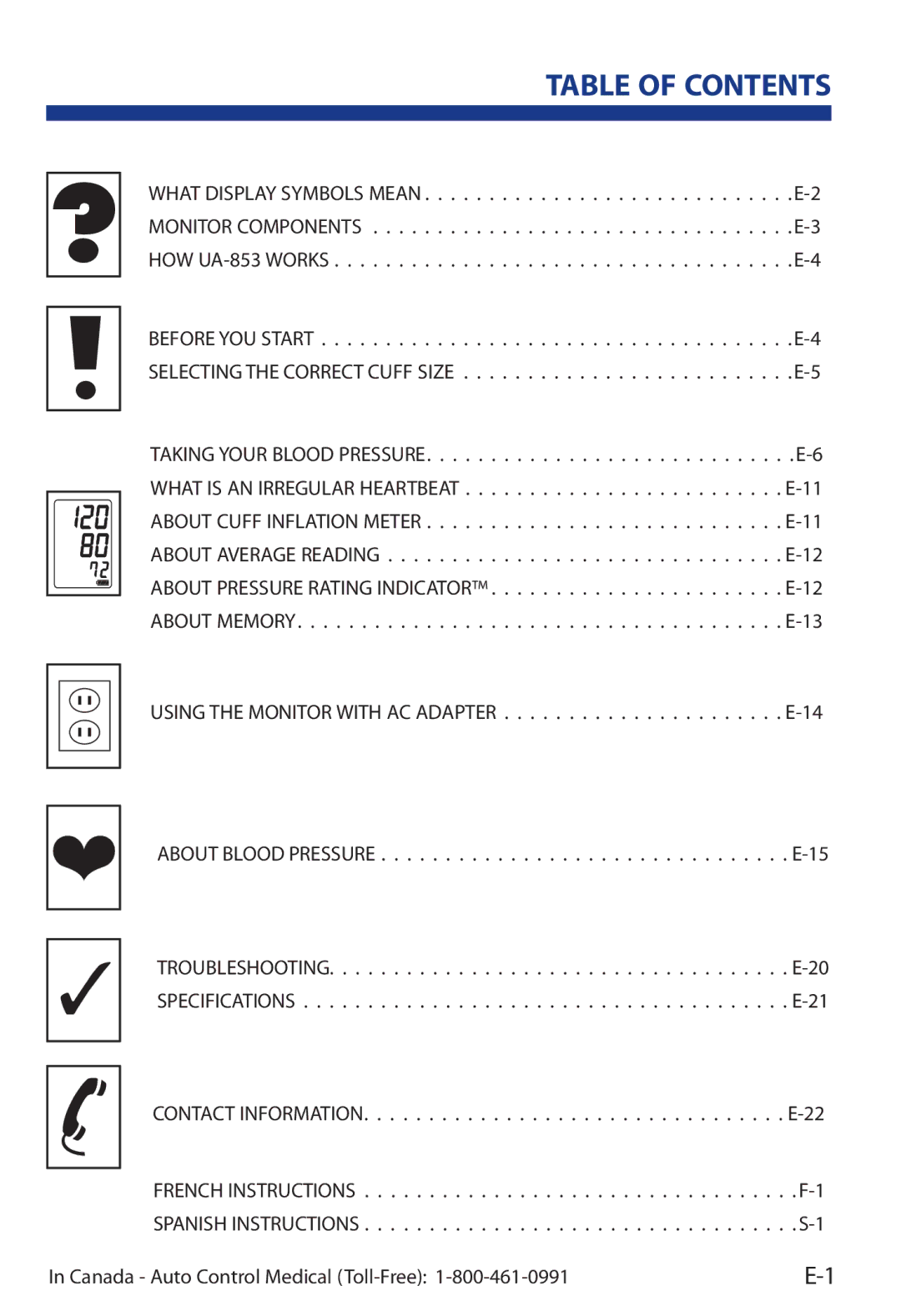 LifeSource UA-853 manual Table Of Contents 